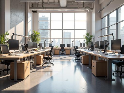 现代办公室内部场景，专业团队工作状态，整齐办公桌椅，明亮自然光线